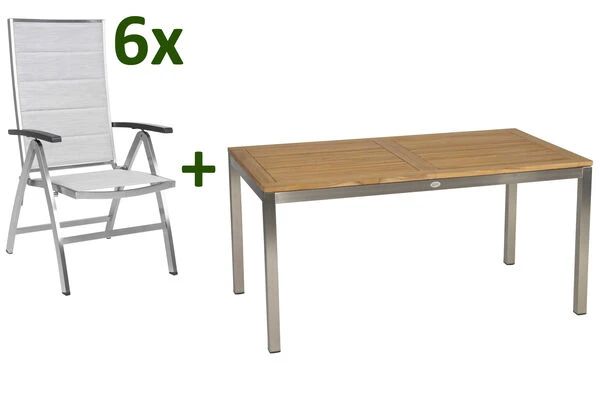 STERN Cardiff Esstischgarnitur, Silber, Edelstahl/Textilen/FSC-Teakholz/Alu, 162/220 X 90 Cm, 6 Multipos, Butterfly-Auszug 3 STERN Cardiff Esstischgarnitur, Silber, Edelstahl/Textilen/FSC-Teakholz/Alu, 162/220 X 90 Cm, 6 Multipos, Butterfly-Auszug