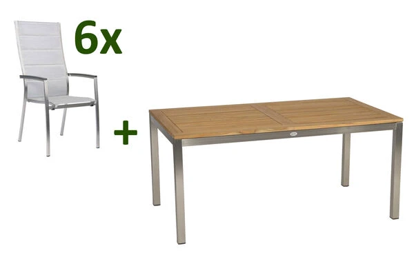 STERN Cardiff Esstischgarnitur, Silber, Edelstahl/Textilen/FSC-Teakholz/Alu, 162/220 X 90 Cm, 6 Stapelsessel, Butterfly-Auszug 3 STERN Cardiff Esstischgarnitur, Silber, Edelstahl/Textilen/FSC-Teakholz/Alu, 162/220 X 90 Cm, 6 Stapelsessel, Butterfly-Auszug