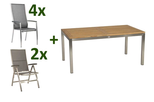 STERN Cardiff Esstischgarnitur, Silber/silbergrau, Edelstahl/Textilen/FSC-Teakholz/Alu, 162/220 X 90 Cm, 4 Stapel-, 2 Multipos, Butterfly-Auszug 3 STERN Cardiff Esstischgarnitur, Silber/silbergrau, Edelstahl/Textilen/FSC-Teakholz/Alu, 162/220 X 90 Cm, 4 Stapel-, 2 Multipos, Butterfly-Auszug