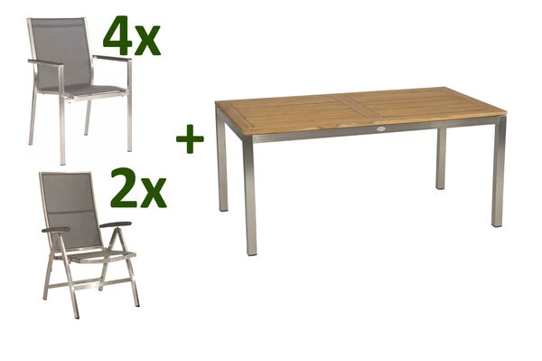STERN Cardiff Esstischgarnitur, Silber/silbergrau, Edelstahl/Textilen/FSC-Teak/Alu, 162/220 X 90 Cm, Butterfly-Auszug, 4 Stapel-, 2 Multipo 3 STERN Cardiff Esstischgarnitur, Silber/silbergrau, Edelstahl/Textilen/FSC-Teak/Alu, 162/220 X 90 Cm, Butterfly-Auszug, 4 Stapel-, 2 Multipo
