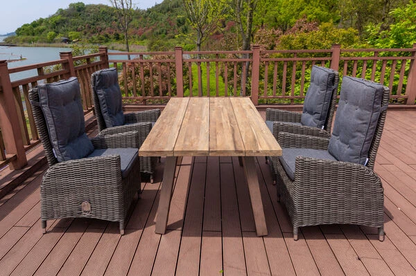 OUTFLEXX Esstischgarnitur, Edelstahl/recyceltes FSC-Teak, Tisch 160x90 Cm, 4 Hochlehner- Diningsessel, A-Gestell 22 OUTFLEXX Esstischgarnitur, Edelstahl/recyceltes FSC-Teak, Tisch 160x90 Cm, 4 Hochlehner- Diningsessel, A-Gestell – Bild 20