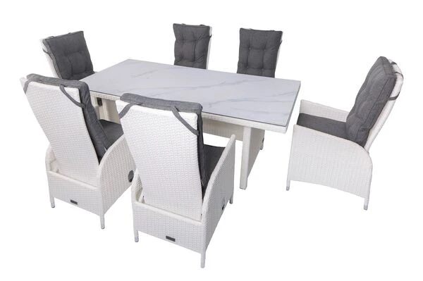 OUTFLEXX Dining Set, Weiß, Polyrattan, Tisch 200x95cm, Spraystone 6mm, 6 Dining Sessel Verstellbar 22 OUTFLEXX Dining Set, Weiß, Polyrattan, Tisch 200x95cm, Spraystone 6mm, 6 Dining Sessel Verstellbar – Bild 20