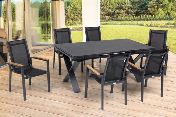 OUTFLEXX Esstischgarnitur, OUTFLEXX® Anthrazit Matt, Alu / Spraystone / Teak, Tisch 180/280x100cm, 6 Stapelsessel 3 OUTFLEXX Esstischgarnitur, OUTFLEXX® Anthrazit Matt, Alu / Spraystone / Teak, Tisch 180/280x100cm, 6 Stapelsessel