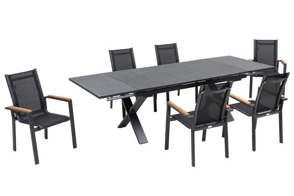 OUTFLEXX Esstischgarnitur, OUTFLEXX® Anthrazit Matt, Alu / Spraystone / Teak, Tisch 180/280x100cm, 6 Stapelsessel 4 OUTFLEXX Esstischgarnitur, OUTFLEXX® Anthrazit Matt, Alu / Spraystone / Teak, Tisch 180/280x100cm, 6 Stapelsessel – Bild 2