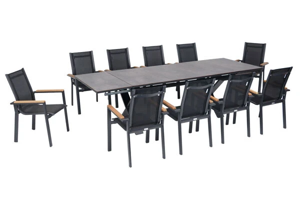 OUTFLEXX Esstischgarnitur, OUTFLEXX® Anthrazit Matt, Alu /HPL / Teak, Tisch 180/280x100cm, 10 Stapelsessel 4 OUTFLEXX Esstischgarnitur, OUTFLEXX® Anthrazit Matt, Alu /HPL / Teak, Tisch 180/280x100cm, 10 Stapelsessel – Bild 2