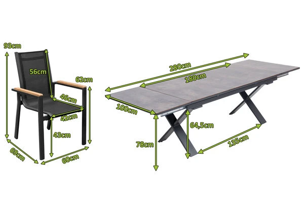 OUTFLEXX Esstischgarnitur, OUTFLEXX® Anthrazit Matt, Alu /HPL / Teak, Tisch 180/280x100cm, 10 Stapelsessel 7 OUTFLEXX Esstischgarnitur, OUTFLEXX® Anthrazit Matt, Alu /HPL / Teak, Tisch 180/280x100cm, 10 Stapelsessel – Bild 5