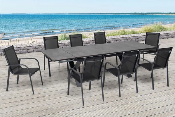 OUTFLEXX Esstischgarnitur, OUTFLEXX® Anthrazit Matt, Alu / HPL / Textil, Tisch 180/280x100cm, 8 Sessel, Stapelbar 3 OUTFLEXX Esstischgarnitur, OUTFLEXX® Anthrazit Matt, Alu / HPL / Textil, Tisch 180/280x100cm, 8 Sessel, Stapelbar