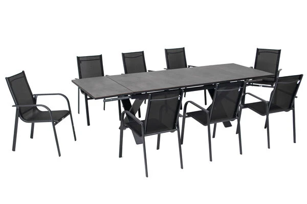 OUTFLEXX Esstischgarnitur, OUTFLEXX® Anthrazit Matt, Alu / HPL / Textil, Tisch 180/280x100cm, 8 Sessel, Stapelbar 20 OUTFLEXX Esstischgarnitur, OUTFLEXX® Anthrazit Matt, Alu / HPL / Textil, Tisch 180/280x100cm, 8 Sessel, Stapelbar – Bild 18