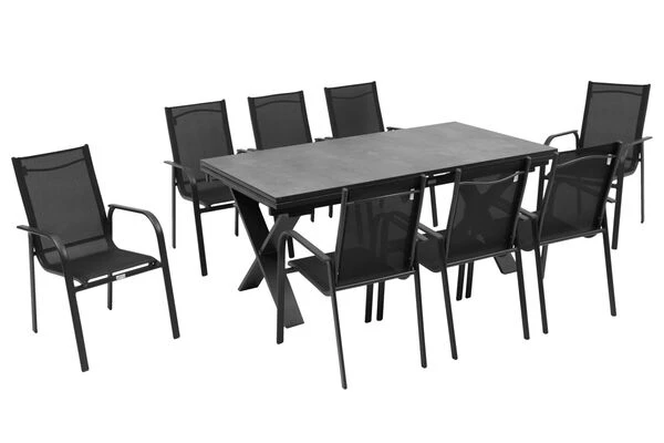 OUTFLEXX Esstischgarnitur, OUTFLEXX® Anthrazit Matt, Alu / HPL / Textil, Tisch 180/280x100cm, 8 Sessel, Stapelbar 4 OUTFLEXX Esstischgarnitur, OUTFLEXX® Anthrazit Matt, Alu / HPL / Textil, Tisch 180/280x100cm, 8 Sessel, Stapelbar – Bild 2