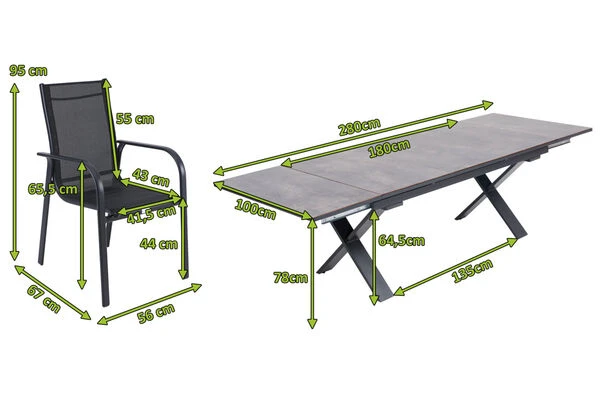 OUTFLEXX Esstischgarnitur, OUTFLEXX® Anthrazit Matt, Alu / HPL / Textil, Tisch 180/280x100cm, 8 Sessel, Stapelbar 7 OUTFLEXX Esstischgarnitur, OUTFLEXX® Anthrazit Matt, Alu / HPL / Textil, Tisch 180/280x100cm, 8 Sessel, Stapelbar – Bild 5