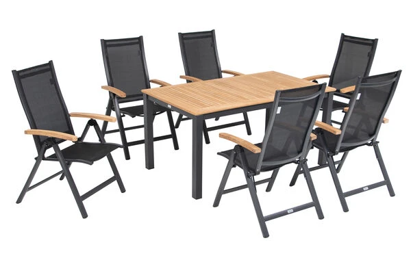 OUTFLEXX Esstischgarnitur, OUTFLEXX® Anthrazit Matt, Alu / Teak / Textil, Tisch 150/210x90cm, 6 Multipositionssessel 4 OUTFLEXX Esstischgarnitur, OUTFLEXX® Anthrazit Matt, Alu / Teak / Textil, Tisch 150/210x90cm, 6 Multipositionssessel – Bild 2