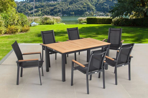 OUTFLEXX Esstischgarnitur, OUTFLEXX® Anthrazit Matt, Alu / Teak / Textil, Tisch 150/210x90cm, 6 Multipositionssessel 8 OUTFLEXX Esstischgarnitur, OUTFLEXX® Anthrazit Matt, Alu / Teak / Textil, Tisch 150/210x90cm, 6 Multipositionssessel – Bild 6