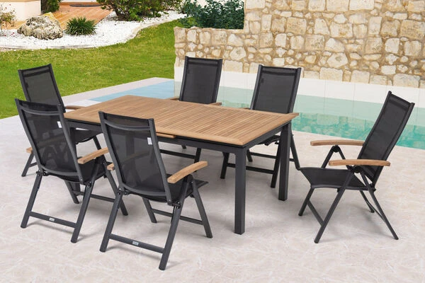 OUTFLEXX Esstischgarnitur, OUTFLEXX® Anthrazit Matt, Alu / Teak / Textil, Tisch 180/240x100cm, 6 Multipositionssessel 3 OUTFLEXX Esstischgarnitur, OUTFLEXX® Anthrazit Matt, Alu / Teak / Textil, Tisch 180/240x100cm, 6 Multipositionssessel