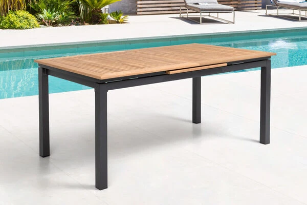 OUTFLEXX Esstischgarnitur, OUTFLEXX® Anthrazit Matt, Alu / Teak / Textil, Tisch 180/240x100cm, 6 Multipositionssessel 6 OUTFLEXX Esstischgarnitur, OUTFLEXX® Anthrazit Matt, Alu / Teak / Textil, Tisch 180/240x100cm, 6 Multipositionssessel – Bild 4