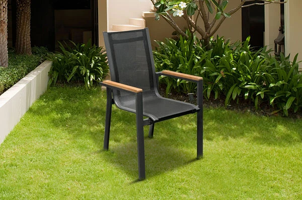 OUTFLEXX Esstischgarnitur, OUTFLEXX® Anthrazit Matt, Alu / Teak / Textil, Tisch 180/240x100cm, 6 Stapelsessel 5 OUTFLEXX Esstischgarnitur, OUTFLEXX® Anthrazit Matt, Alu / Teak / Textil, Tisch 180/240x100cm, 6 Stapelsessel – Bild 3