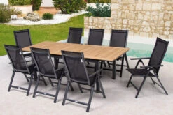 OUTFLEXX Esstischgarnitur, OUTFLEXX® Anthrazit Matt, Alu / Teak / Textil, Ausziehtisch 180/240x100cm, 8 Multipo