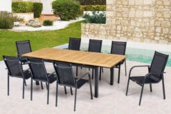 OUTFLEXX Esstischgarnitur, OUTFLEXX® Anthrazit Matt, Alu / Teak / Textil, Tisch 180/240x100cm, 8 Sessel, Stapelbar