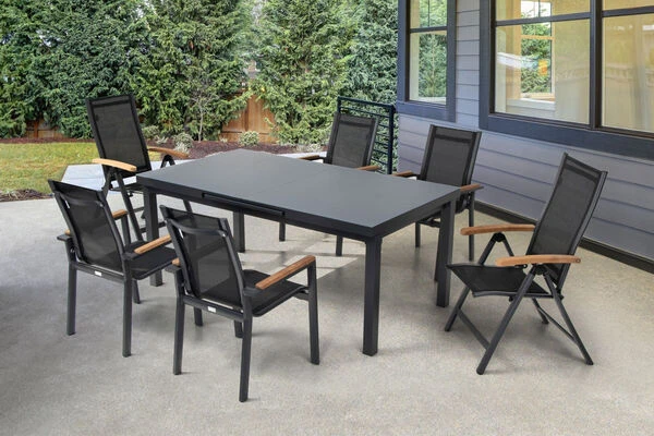 OUTFLEXX Premium Esstischgarnitur, OUTFLEXX® Anthrazit Matt, Alu / Glas / Teak, Tisch 180/240x100cm, 4 Stapelsessel, 2 Multipo 3 OUTFLEXX Premium Esstischgarnitur, OUTFLEXX® Anthrazit Matt, Alu / Glas / Teak, Tisch 180/240x100cm, 4 Stapelsessel, 2 Multipo