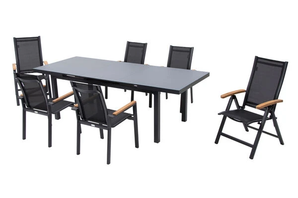 OUTFLEXX Premium Esstischgarnitur, OUTFLEXX® Anthrazit Matt, Alu / Glas / Teak, Tisch 180/240x100cm, 4 Stapelsessel, 2 Multipo 4 OUTFLEXX Premium Esstischgarnitur, OUTFLEXX® Anthrazit Matt, Alu / Glas / Teak, Tisch 180/240x100cm, 4 Stapelsessel, 2 Multipo – Bild 2