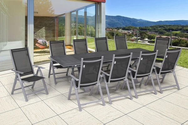 OUTFLEXX Esstischgarnitur, Silber, Alu / Spraystone / Textil, Tisch 180/280x100cm, 10 Multipositionssessel 3 OUTFLEXX Esstischgarnitur, Silber, Alu / Spraystone / Textil, Tisch 180/280x100cm, 10 Multipositionssessel