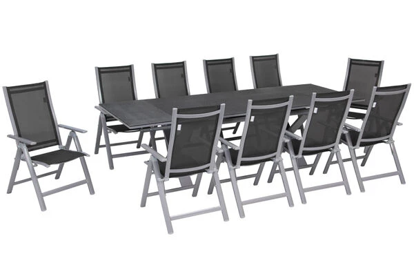 OUTFLEXX Esstischgarnitur, Silber, Alu / Spraystone / Textil, Tisch 180/280x100cm, 10 Multipositionssessel 4 OUTFLEXX Esstischgarnitur, Silber, Alu / Spraystone / Textil, Tisch 180/280x100cm, 10 Multipositionssessel – Bild 2
