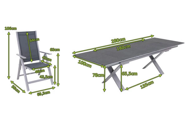 OUTFLEXX Esstischgarnitur, Silber, Alu / Spraystone / Textil, Tisch 180/280x100cm, 10 Multipositionssessel 7 OUTFLEXX Esstischgarnitur, Silber, Alu / Spraystone / Textil, Tisch 180/280x100cm, 10 Multipositionssessel – Bild 5
