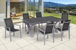 OUTFLEXX Esstischgarnitur, Silber, Alu / Spraystone / Textil, Tisch 180/280x100cm, 6 Stapelsessel