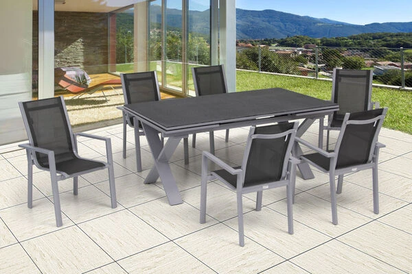 OUTFLEXX Esstischgarnitur, Silber, Alu / Spraystone / Textil, Tisch 180/280x100cm, 6 Stapelsessel 3 OUTFLEXX Esstischgarnitur, Silber, Alu / Spraystone / Textil, Tisch 180/280x100cm, 6 Stapelsessel