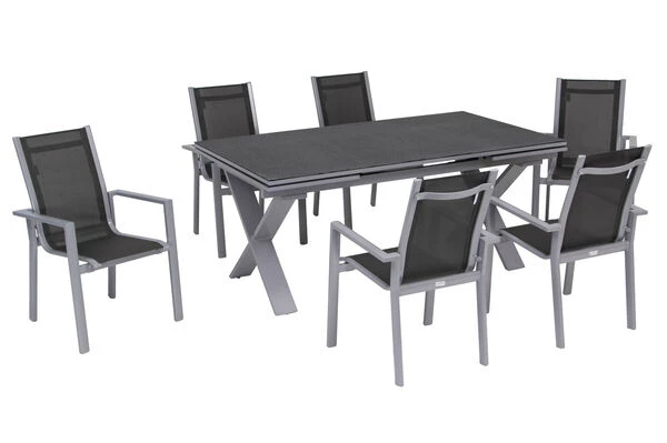 OUTFLEXX Esstischgarnitur, Silber, Alu / Spraystone / Textil, Tisch 180/280x100cm, 6 Stapelsessel 18 OUTFLEXX Esstischgarnitur, Silber, Alu / Spraystone / Textil, Tisch 180/280x100cm, 6 Stapelsessel – Bild 16