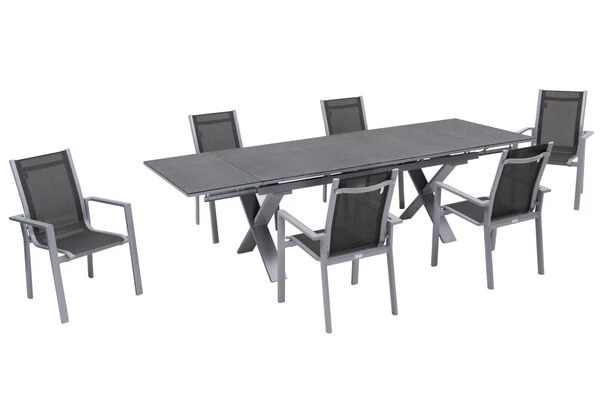 OUTFLEXX Esstischgarnitur, Silber, Alu / Spraystone / Textil, Tisch 180/280x100cm, 6 Stapelsessel 4 OUTFLEXX Esstischgarnitur, Silber, Alu / Spraystone / Textil, Tisch 180/280x100cm, 6 Stapelsessel – Bild 2