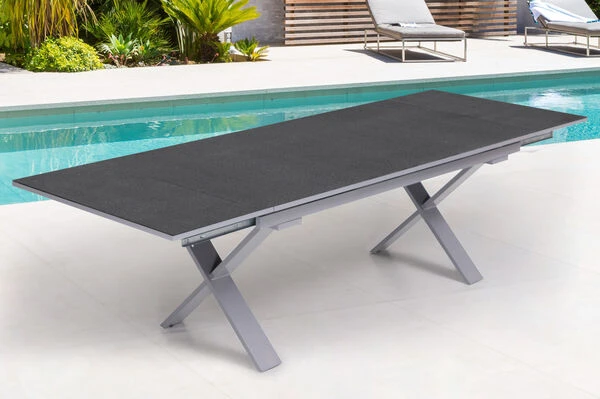 OUTFLEXX Esstischgarnitur, Silber, Alu / Spraystone / Textil, Tisch 180/280x100cm, 6 Stapelsessel 6 OUTFLEXX Esstischgarnitur, Silber, Alu / Spraystone / Textil, Tisch 180/280x100cm, 6 Stapelsessel – Bild 4