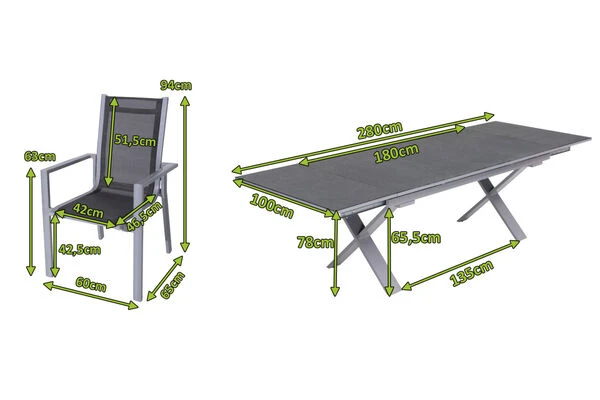 OUTFLEXX Esstischgarnitur, Silber, Alu / Spraystone / Textil, Tisch 180/280x100cm, 6 Stapelsessel 7 OUTFLEXX Esstischgarnitur, Silber, Alu / Spraystone / Textil, Tisch 180/280x100cm, 6 Stapelsessel – Bild 5