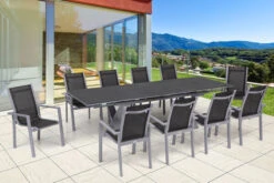 OUTFLEXX Esstischgarnitur, Silber, Alu / Keramik / Textil, Tisch 180/280x100cm, 10 Stapelsessel