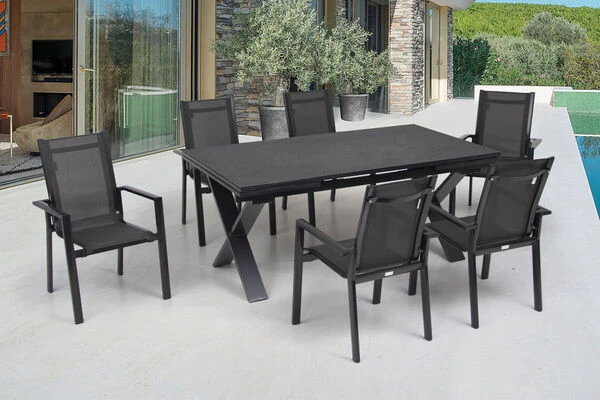 OUTFLEXX Esstischgarnitur, Anthrazit, Alu / Keramik / Textil, 180/280x100cm, 6 Stapelsessel 3 OUTFLEXX Esstischgarnitur, Anthrazit, Alu / Keramik / Textil, 180/280x100cm, 6 Stapelsessel