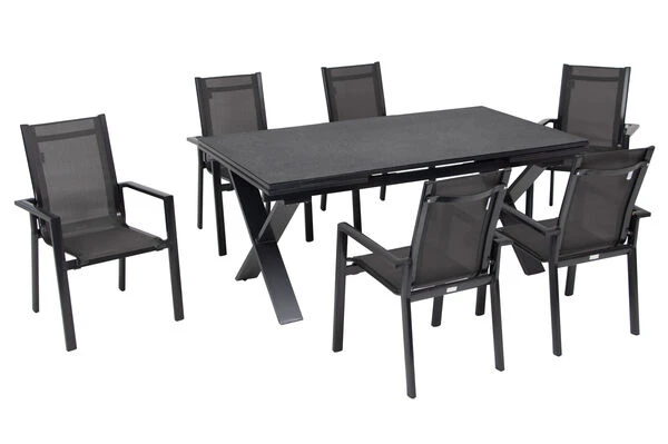 OUTFLEXX Esstischgarnitur, Anthrazit, Alu / Keramik / Textil, 180/280x100cm, 6 Stapelsessel 18 OUTFLEXX Esstischgarnitur, Anthrazit, Alu / Keramik / Textil, 180/280x100cm, 6 Stapelsessel – Bild 16