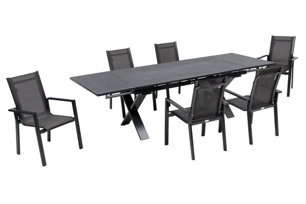 OUTFLEXX Esstischgarnitur, Anthrazit, Alu / Keramik / Textil, 180/280x100cm, 6 Stapelsessel 4 OUTFLEXX Esstischgarnitur, Anthrazit, Alu / Keramik / Textil, 180/280x100cm, 6 Stapelsessel – Bild 2