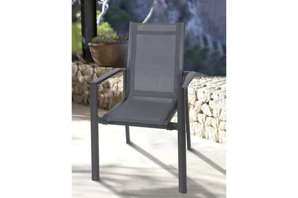 OUTFLEXX Esstischgarnitur, Anthrazit, Alu / Keramik / Textil, 180/280x100cm, 6 Stapelsessel 5 OUTFLEXX Esstischgarnitur, Anthrazit, Alu / Keramik / Textil, 180/280x100cm, 6 Stapelsessel – Bild 3