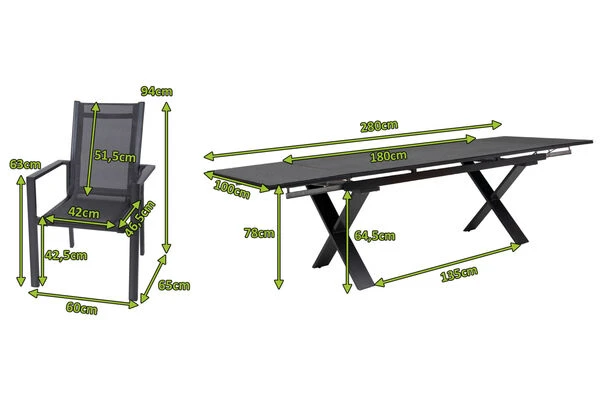 OUTFLEXX Esstischgarnitur, Anthrazit, Alu / Keramik / Textil, 180/280x100cm, 6 Stapelsessel 7 OUTFLEXX Esstischgarnitur, Anthrazit, Alu / Keramik / Textil, 180/280x100cm, 6 Stapelsessel – Bild 5