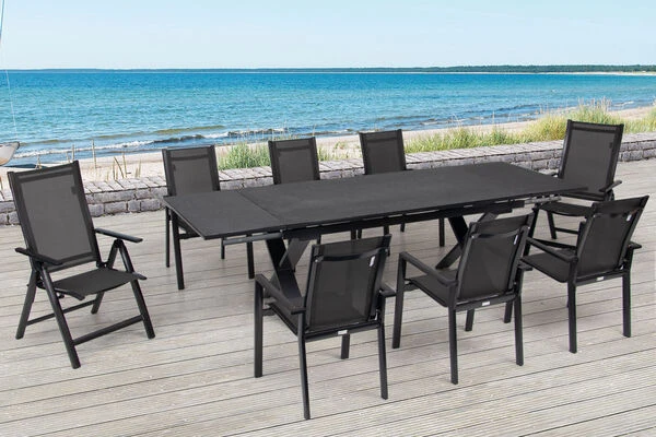 OUTFLEXX Esstischgarnitur, Anthrazit, Alu / Keramik / Textil, 180/280x100cm, 2 Multipo, 6 Stapelsessel 3 OUTFLEXX Esstischgarnitur, Anthrazit, Alu / Keramik / Textil, 180/280x100cm, 2 Multipo, 6 Stapelsessel