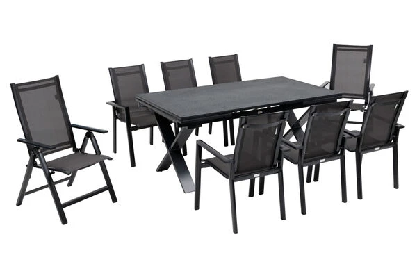 OUTFLEXX Esstischgarnitur, Anthrazit, Alu / Keramik / Textil, 180/280x100cm, 2 Multipo, 6 Stapelsessel 4 OUTFLEXX Esstischgarnitur, Anthrazit, Alu / Keramik / Textil, 180/280x100cm, 2 Multipo, 6 Stapelsessel – Bild 2