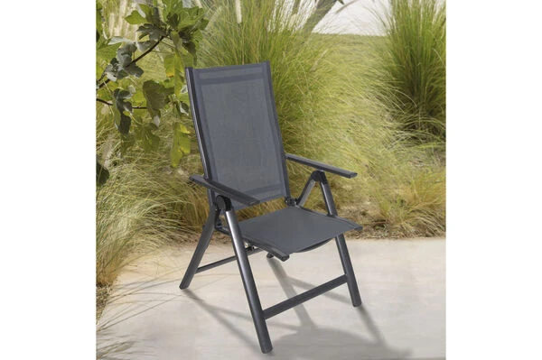 OUTFLEXX Esstischgarnitur, Anthrazit, Alu / Keramik / Textil, 180/280x100cm, 2 Multipo, 6 Stapelsessel 5 OUTFLEXX Esstischgarnitur, Anthrazit, Alu / Keramik / Textil, 180/280x100cm, 2 Multipo, 6 Stapelsessel – Bild 3