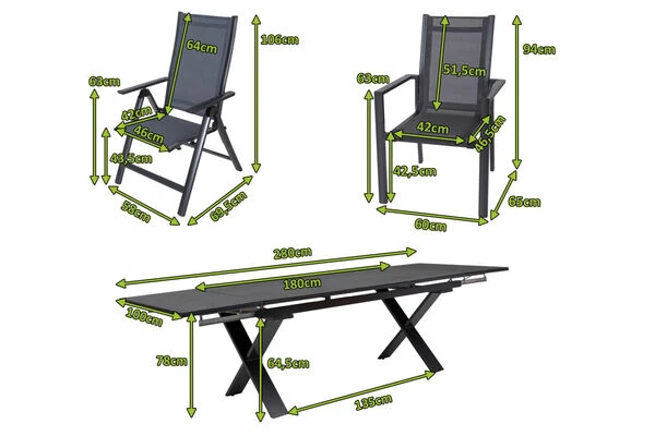 OUTFLEXX Esstischgarnitur, Anthrazit, Alu / Keramik / Textil, 180/280x100cm, 2 Multipo, 6 Stapelsessel 7 OUTFLEXX Esstischgarnitur, Anthrazit, Alu / Keramik / Textil, 180/280x100cm, 2 Multipo, 6 Stapelsessel – Bild 5