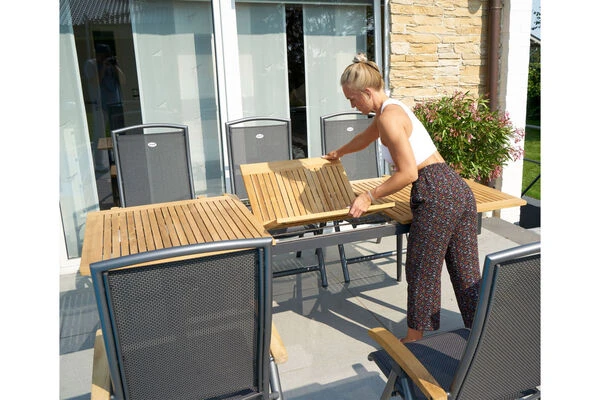 HARTMAN Silencio / Aruba Sitzgruppe, Xerix/natur, Alu/Teak, 6 Dining Sessel, 160/220x90cm, FSC-Teak Armlehnen 10 HARTMAN Silencio / Aruba Sitzgruppe, Xerix/natur, Alu/Teak, 6 Dining Sessel, 160/220x90cm, FSC-Teak Armlehnen – Bild 8