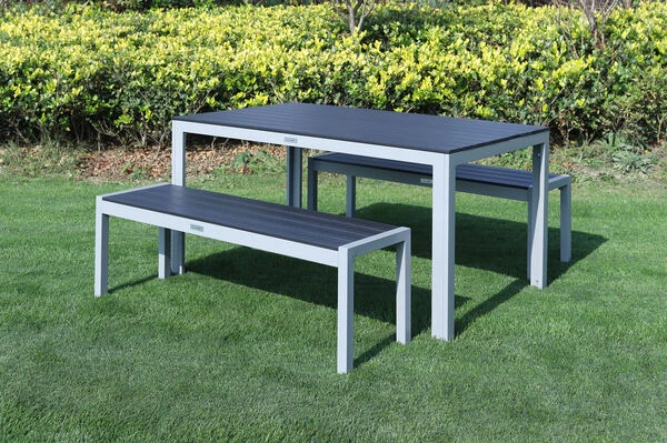 VILLANA Esstischgarnitur, Silber/schwarz, Alu/Holzimitat, Tisch 150x90cm, 2 Bänke Für 6 Personen 6 VILLANA Esstischgarnitur, Silber/schwarz, Alu/Holzimitat, Tisch 150x90cm, 2 Bänke Für 6 Personen – Bild 4