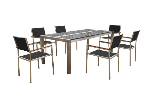 OUTFLEXX Esstischgarnitur, Silber/schwarz, Edelstahl/Granit/Textil, 200x100 Cm, 6 Stühle, Padded, Teakarmlehnen 3 OUTFLEXX Esstischgarnitur, Silber/schwarz, Edelstahl/Granit/Textil, 200x100 Cm, 6 Stühle, Padded, Teakarmlehnen