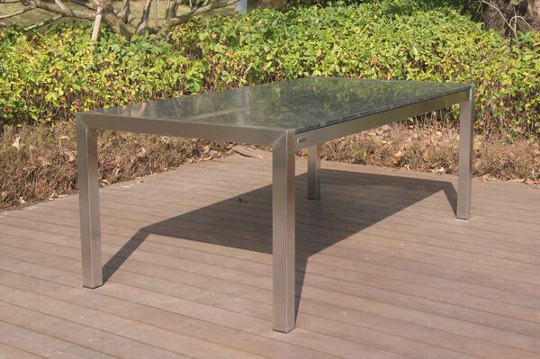 OUTFLEXX Esstischgarnitur, Silber/schwarz, Edelstahl/Granit/Textil, 200x100 Cm, 6 Stühle, Padded, Teakarmlehnen 4 OUTFLEXX Esstischgarnitur, Silber/schwarz, Edelstahl/Granit/Textil, 200x100 Cm, 6 Stühle, Padded, Teakarmlehnen – Bild 2