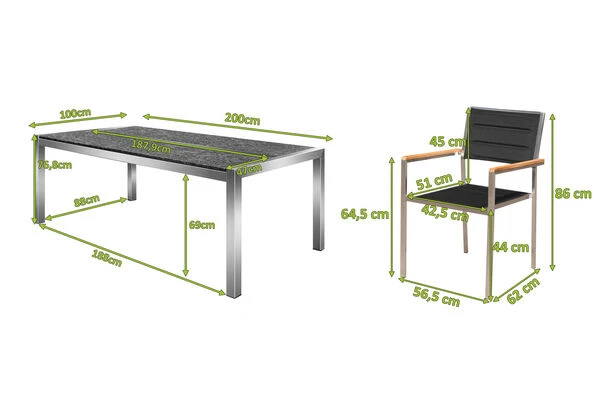 OUTFLEXX Esstischgarnitur, Silber/schwarz, Edelstahl/Granit/Textil, 200x100 Cm, 6 Stühle, Padded, Teakarmlehnen 7 OUTFLEXX Esstischgarnitur, Silber/schwarz, Edelstahl/Granit/Textil, 200x100 Cm, 6 Stühle, Padded, Teakarmlehnen – Bild 5
