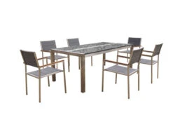 OUTFLEXX Esstischgarnitur, Silber/weiß, Edelstahl/Granit/Textilene, 200x100 Cm, 6 Stühle, Padded, Teakarmlehnen