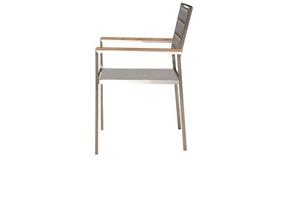 OUTFLEXX Esstischgarnitur, Silber/weiß, Edelstahl/Granit/Textilene, 200x100 Cm, 6 Stühle, Padded, Teakarmlehnen 6 OUTFLEXX Esstischgarnitur, Silber/weiß, Edelstahl/Granit/Textilene, 200x100 Cm, 6 Stühle, Padded, Teakarmlehnen – Bild 4