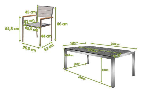 OUTFLEXX Esstischgarnitur, Silber/weiß, Edelstahl/Granit/Textilene, 200x100 Cm, 6 Stühle, Padded, Teakarmlehnen 7 OUTFLEXX Esstischgarnitur, Silber/weiß, Edelstahl/Granit/Textilene, 200x100 Cm, 6 Stühle, Padded, Teakarmlehnen – Bild 5